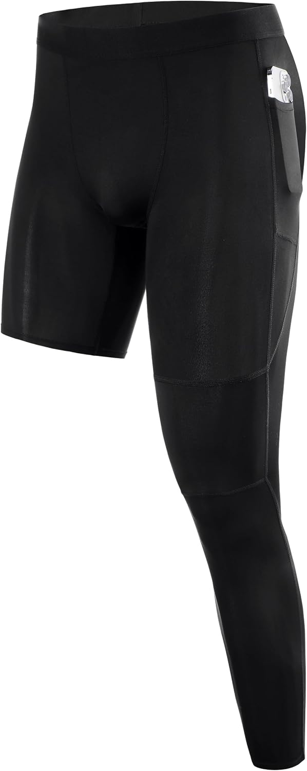 Roadbox Men's Basketball One Leg Tights, 1/2 Single Leg Compression Pants Sports Base Layer Leggings Underwear with Pockets