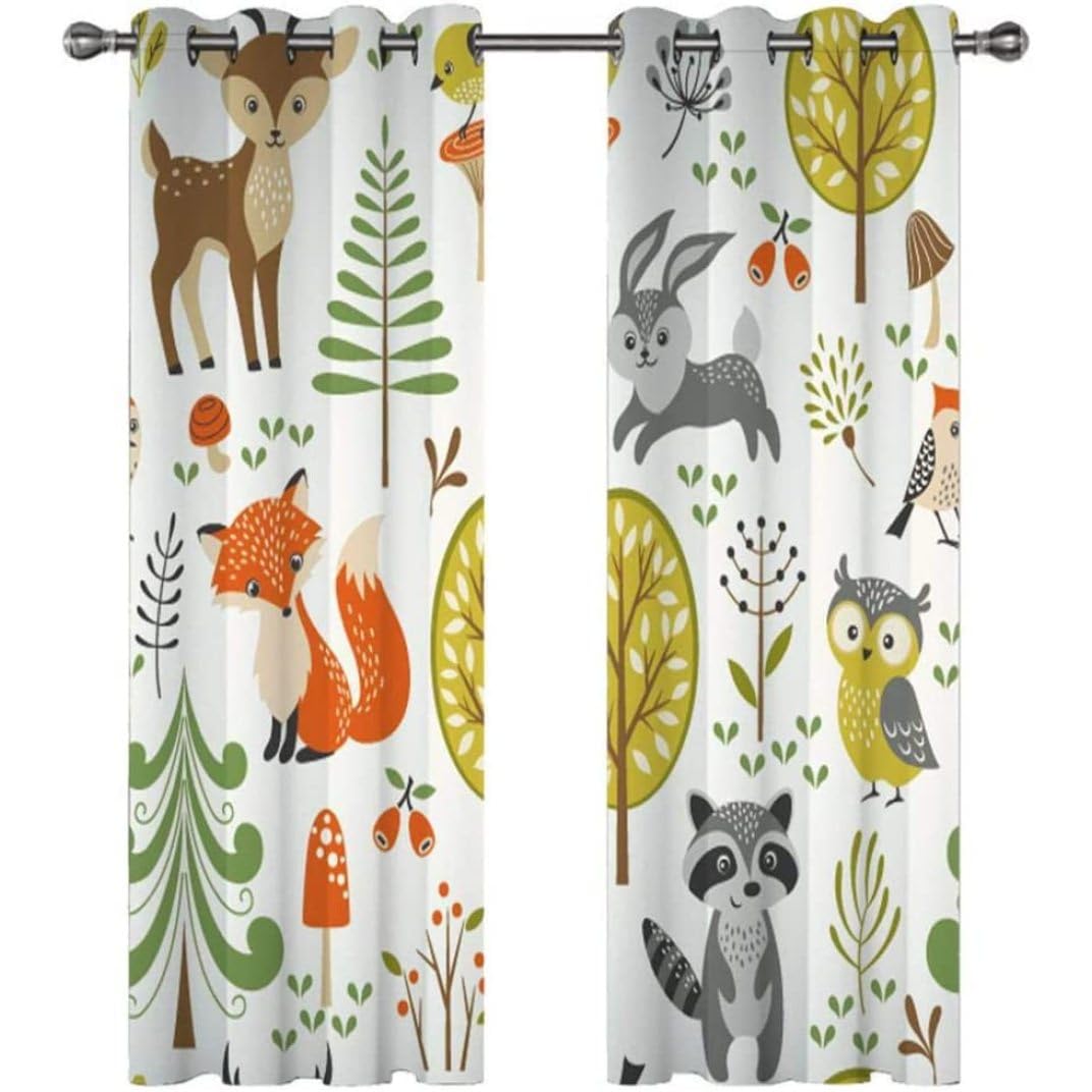 Rideaux pour la chambre de dessin animé enfants animaux de forêt 87x85 pouces