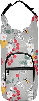 linqin Red Juneberry Fruit Gray Water Bottle Sling Foldable Drawstring Backpack with Water Bottle Holder Water Bottle Carry Bag for Hiking Fits 20/24/32/40 oz Bottles
