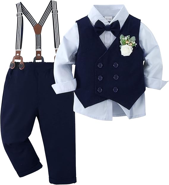 ZOEREA Bebé Niño Ropa Conjunto 1-5 años Niños Caballeros de Manga Larga Camisa+Chaleco+Pantalones+Pajarita+Corsage Niños Bautizo Ropa de Boda Conjuntos
