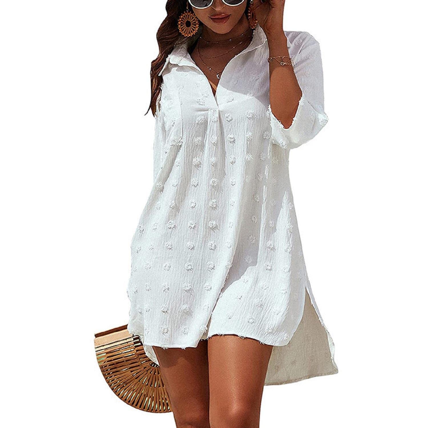 TBSCWYF Camisa Suelto de Bikini Casual Camisetas Mujer Manga Larga Cuello en V Blusas para Mujer Mujer Ropa de Baño Playa Traje de Baño Vestido de Bikini Camisolas y Pareos