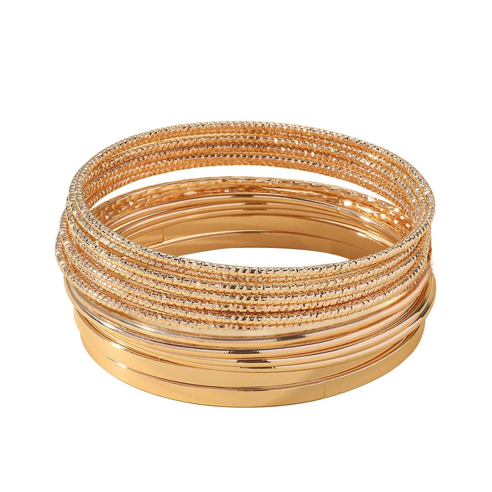 HOOTO14pcs Gold Bangle Bracelets for Women,14K Gold Plated Boho Multi Stackable Textured Bangle Bracelets For Women Girls Jewelry Gifts