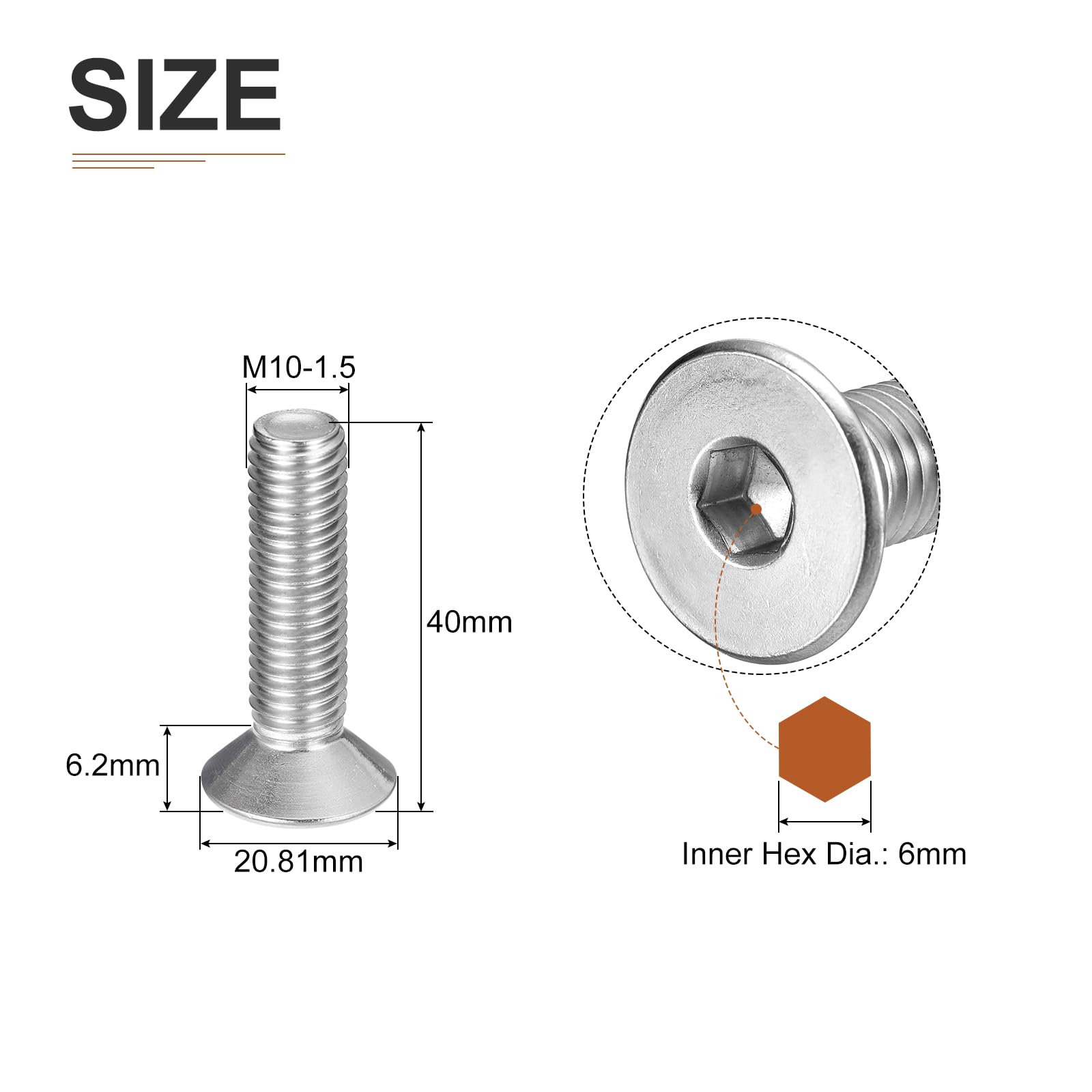 DTGN M10-1.5 x 40mm Flat Head Socket Cap Screws, 10 Pack 304 Stainless Steel Hex Socket Flat Head Screws, Full Thread - Image 2