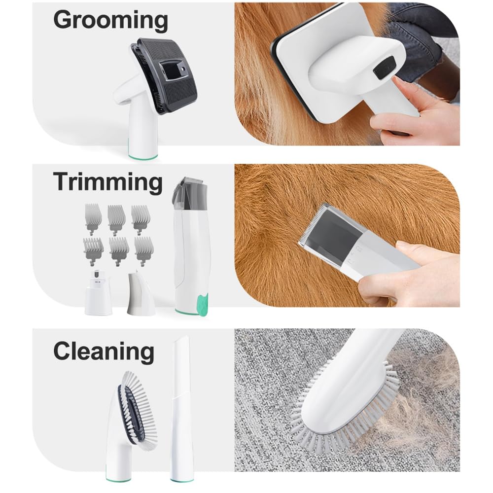 Tosatrice per cani con aspirapolvere – 7 in 1 aspirapolvere per peli di animali domestici, trimmer per la cura degli animali domestici con aspirazione 13000 Pa, diversi strumenti per la cura di cani e