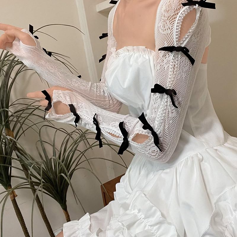Image of Women Kawaii Lace Bolero Y2K Sheer Mesh Shrug Lolita Bowtie Fishnet Shawl Cute Sweet Arm Sleeves Y2K Accessories