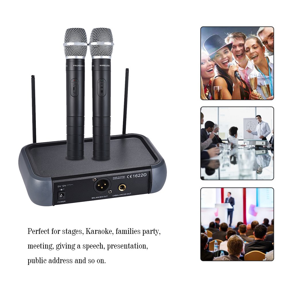 Microfono Palmare Wireless VHF A Doppio Canale Con Funzione Eco 2 Microfoni E 1 Ricevitore 210-280MHz Distanza di Lavoro 40 Metri Cavo Audio Da 6,35 Mm Per Karaoke Festa In Famiglia