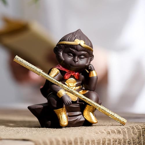 Miniatura 6 de Estatua del rey mono, linda figura de monje zen de Sun Wukong Buda, escultura china de viaje al monje del oeste con abrazo dorado, mascota de té