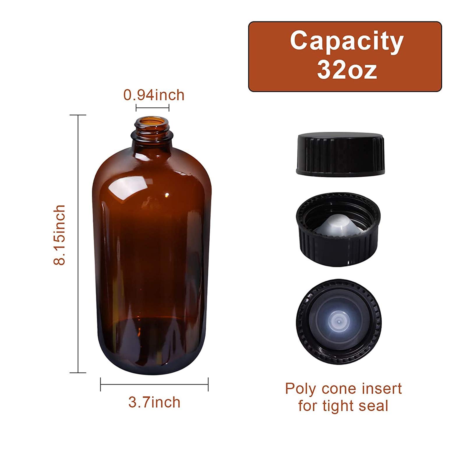STARSIDE Paquete de 4 botellas redondas Boston de vidrio ámbar de 1 litro con tapas de cono de polietileno fenólico con cierre hermético. Contenedores de vidrio perfectos para fermentación secundaria,