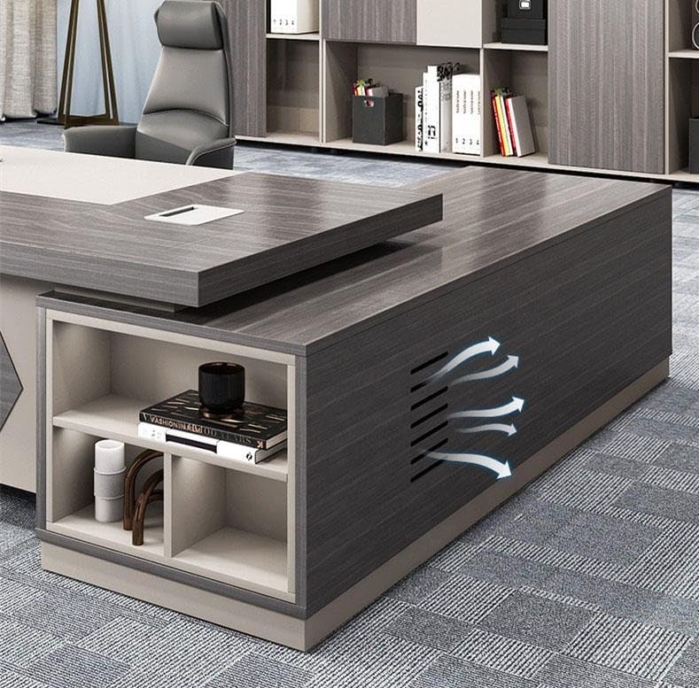 Image of Modern Executive Director Table with L-Shape Design, Open Storage & Premium Grey Wood Finish for Corporate Office (LDL-760 MDFL L6W3)