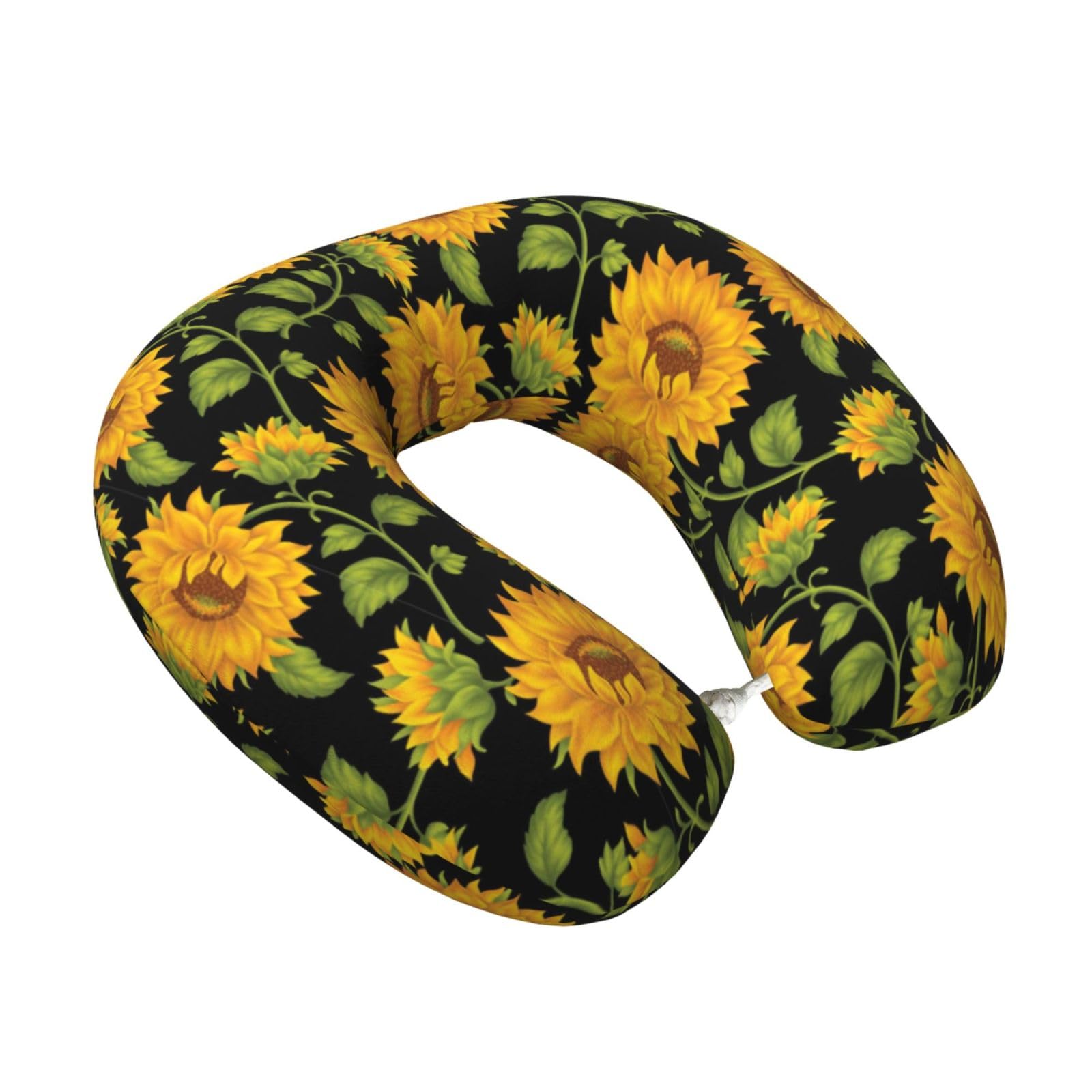 LKYMOH Sunflower Print Black, Travel Neck Pillow U-Shaped Memory Neck Support Soft Comfortable With Washable Cover For Airplane Car Traveling and Office