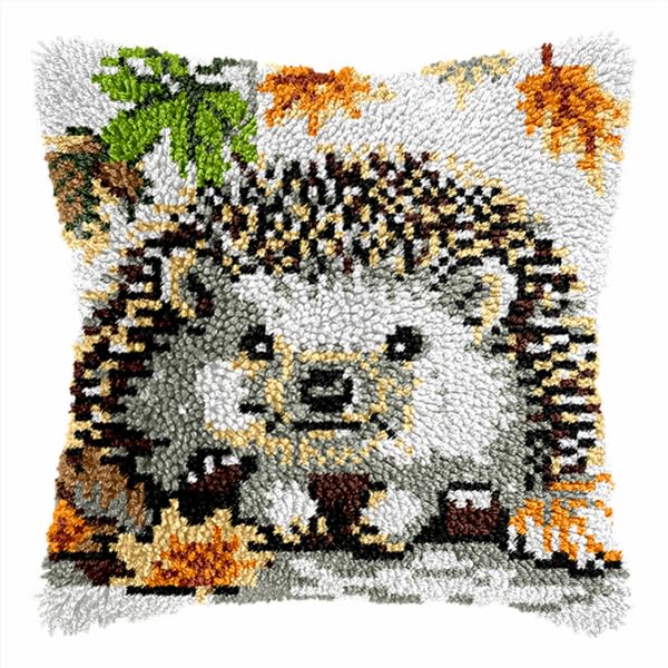 Kitquiver Latch Hook Kits Cushion for Adults Hedgehog Latch Hook Pillow Kits 17X17Inch DIY Handmade Pillowcase for Beginners Pre-Printed Pattern Needlework Crochet Craft Kits for Sofa Decoration