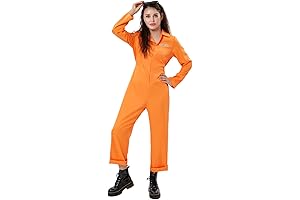 Orange Prisoner Jumpsuit Adults Halloween Jail Costume Women Men One Piece Romper...