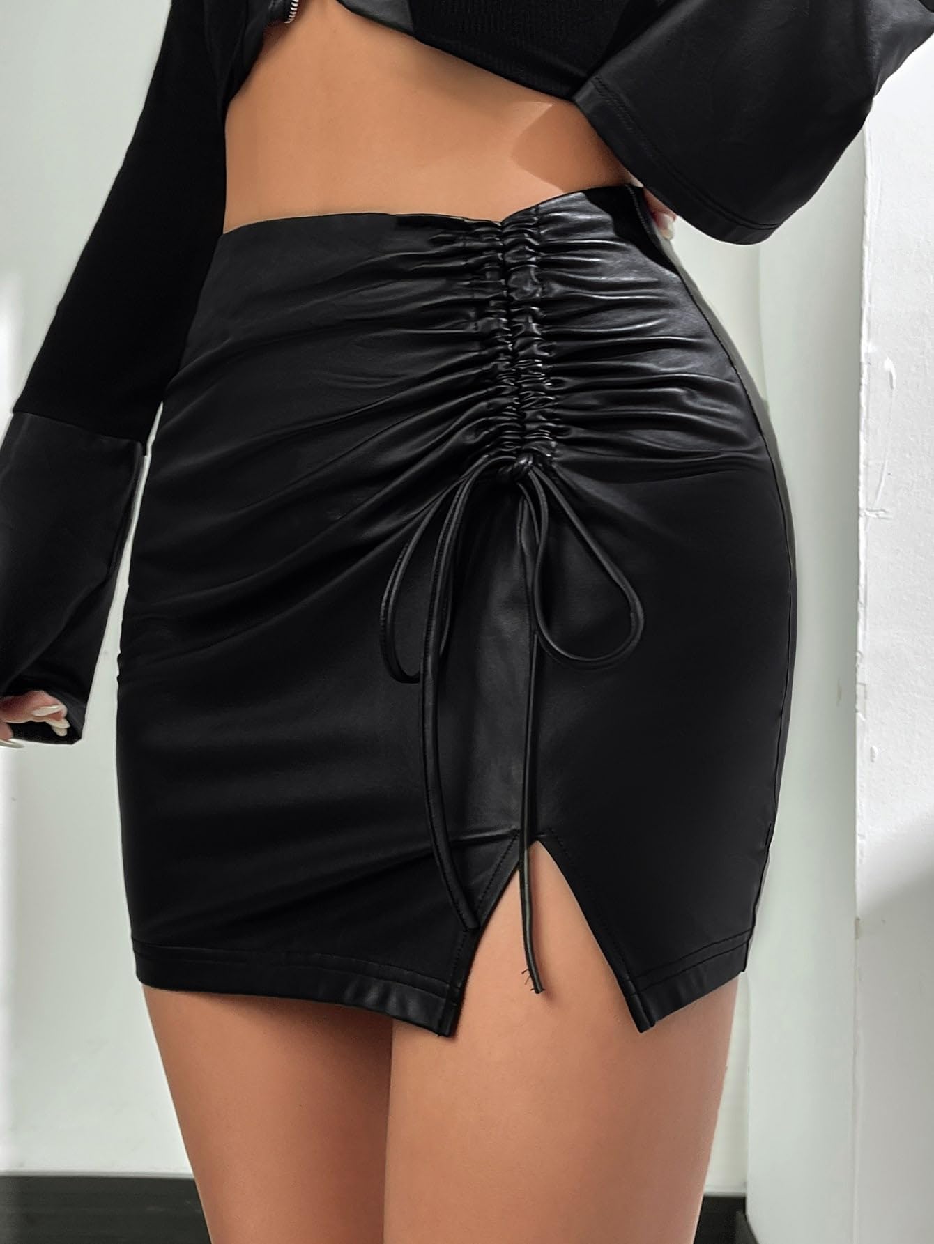 Amazon.com: Women's Short Skirts Drawstring Slit Hem PU Leather