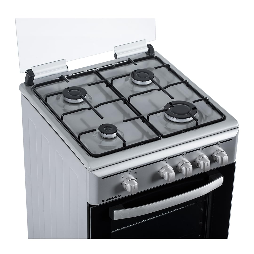 Aspes Cocina Gas Butano 4 Zonas de Cocción, Horno 43 L, Inox, AKG4501X. Control Manual, 2 Programas de Cocción, Cristal en Puerta de Doble Capa, Tapa Abatible