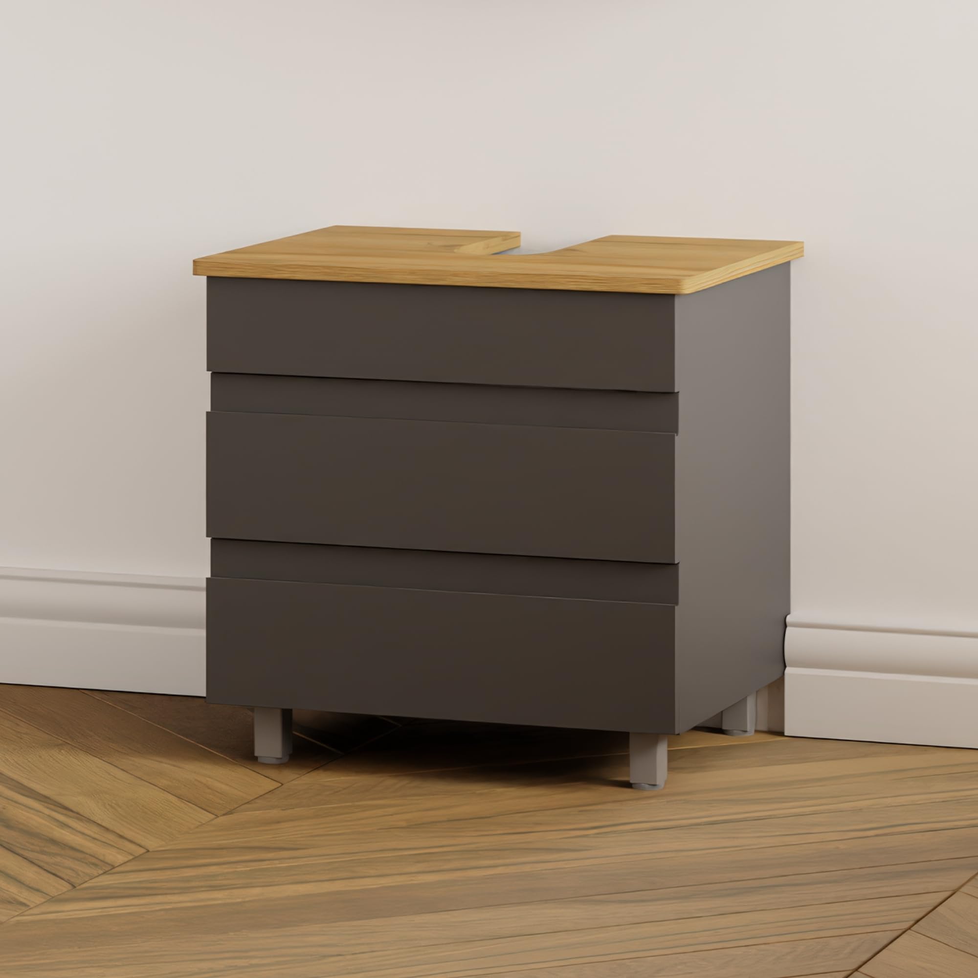 Karen Waschbeckenunterschrank Lara 60 cm | Steh-Unterschrank | Badmöbel anthrazit | Konsole mit Siphonausschnitt | Minimalistisch | Gäste-Badezimmer (Lara 60 Eiche)