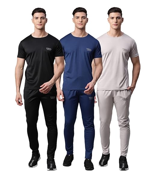 Vimal Jonnney Dryfit Solid Lycra Multicolor Tracksuit Co-ord Sets for Men (Pack of 3)-DRYFIT_T_D10_BLK_BLU_GRY_06-P
