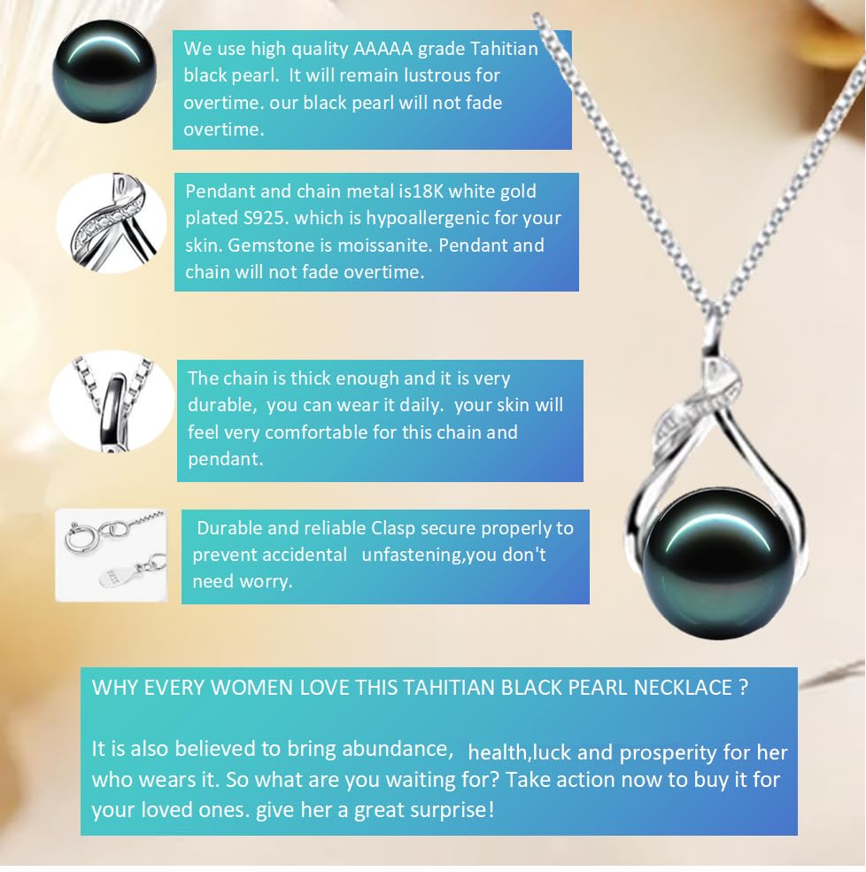 Gift for Wife Women AAAAA Grade Natural Tahitian Black Pearl Necklace Moissanite 18K gold Plated S925 Sterling Silver Anniversary birthday Wedding Mothers Day Gift for Wife Women Mom Girlfriend Friends Daughter Adjustable Chain4