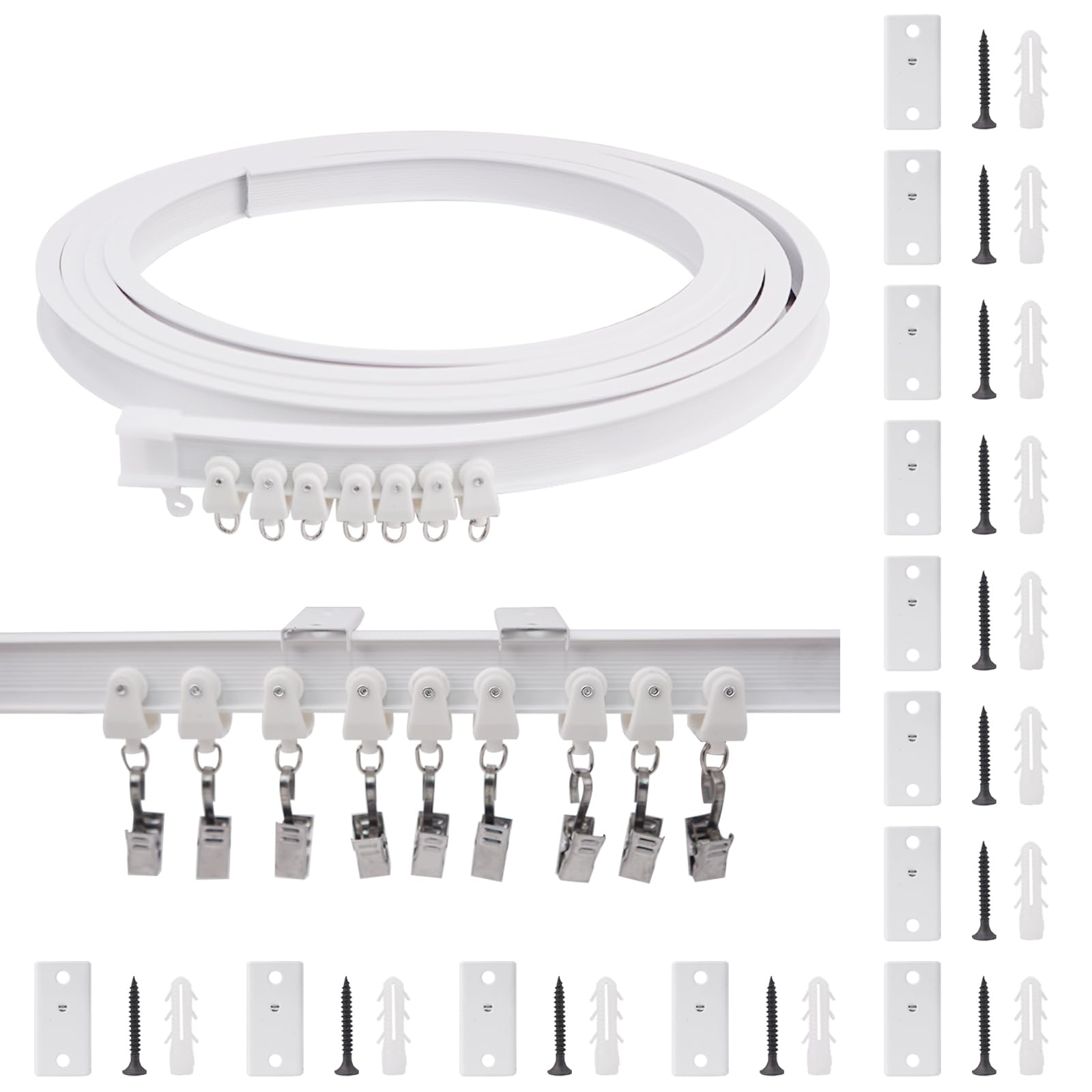 KJLEEN Riel de cortina de techo flexible de plástico resistente de 4 m y accesorios para ventana de bahía, caravana, ducha, divisor de habitación (blanco, 4 metros)