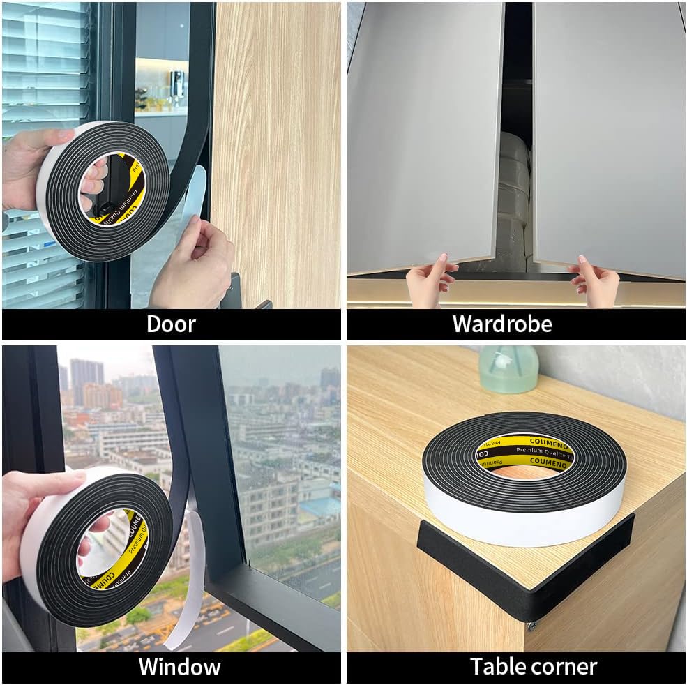 Image of Single Sided Strong Self-Adhesive Foam Tape Strips 1inX16.4FT, Black Weather Stripping for Door /Window Seal, Gap Insulation, DIY Homeowners Easy Install (0.12in Thickness)