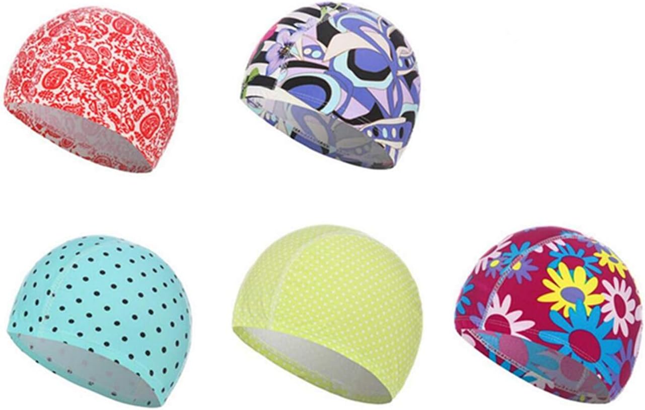 YusylviaMulticolor Swimming Caps, Fashion Motif Pattern Swim Hat Bath Cap, for Adult Older Boys and Girls,Pack of 5 Pieces (Random Style)