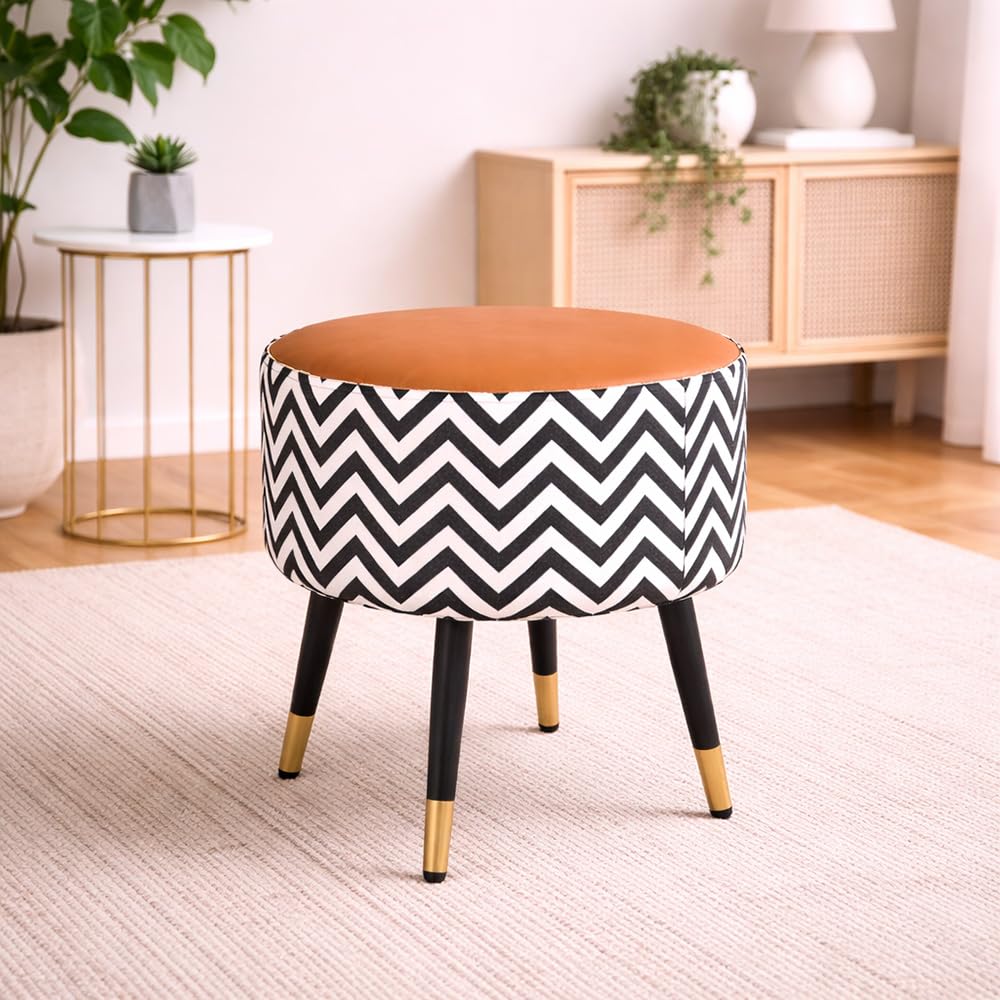 Zik Zak Tan & Black Chevron Printed Ottoman Stool with Gold-Tipped Legs – Modern Accent Seating-image-14