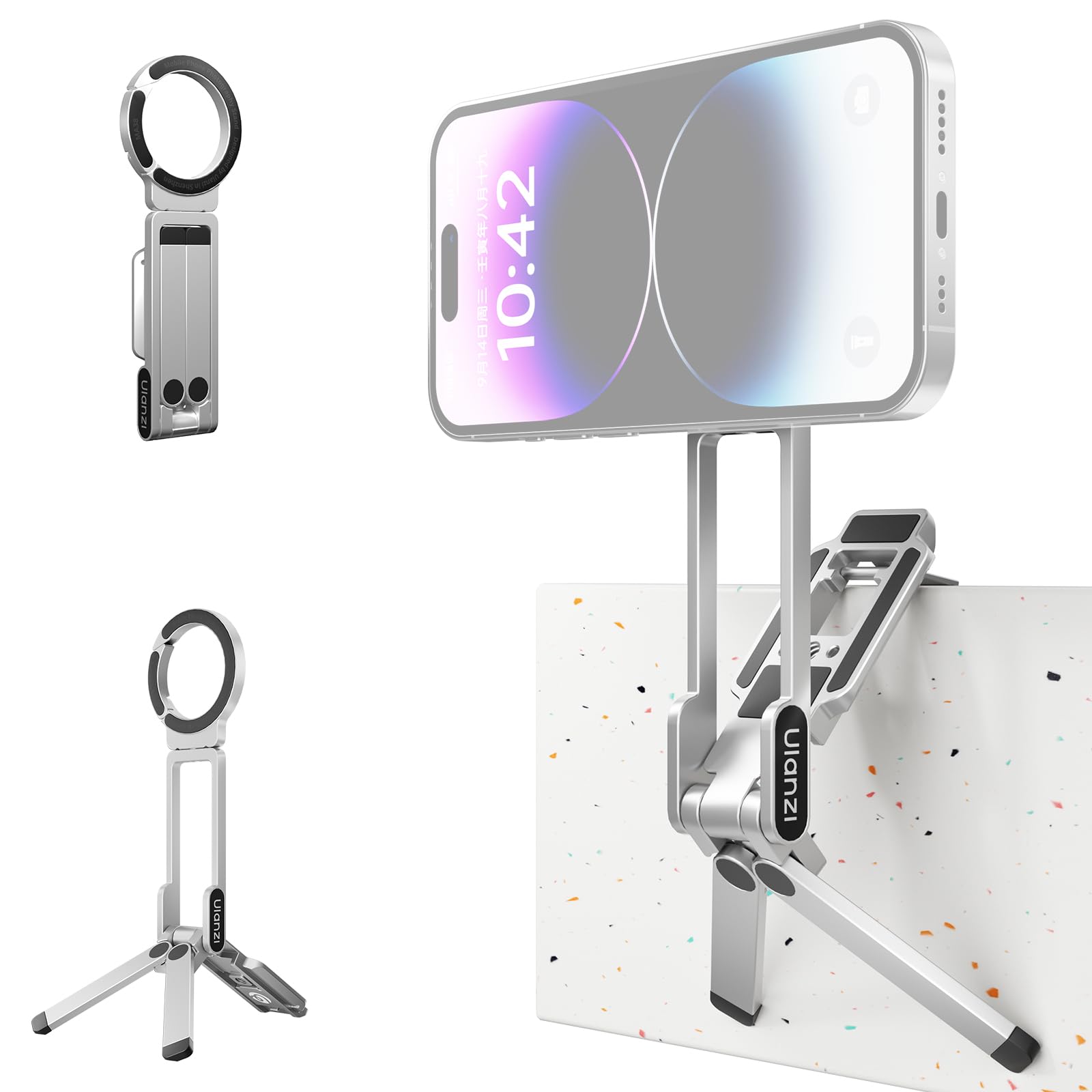 ULANZI MA38 Magnetic Phone Tripod for iPhone, Portable Phone Holder Silver | Portable Phone Tripod for Magsafe w Foldable Hook Double-Sided 1/4'' Screw for Travel Vlog Selfie iPhone 17/16/15/14/13-picture-35