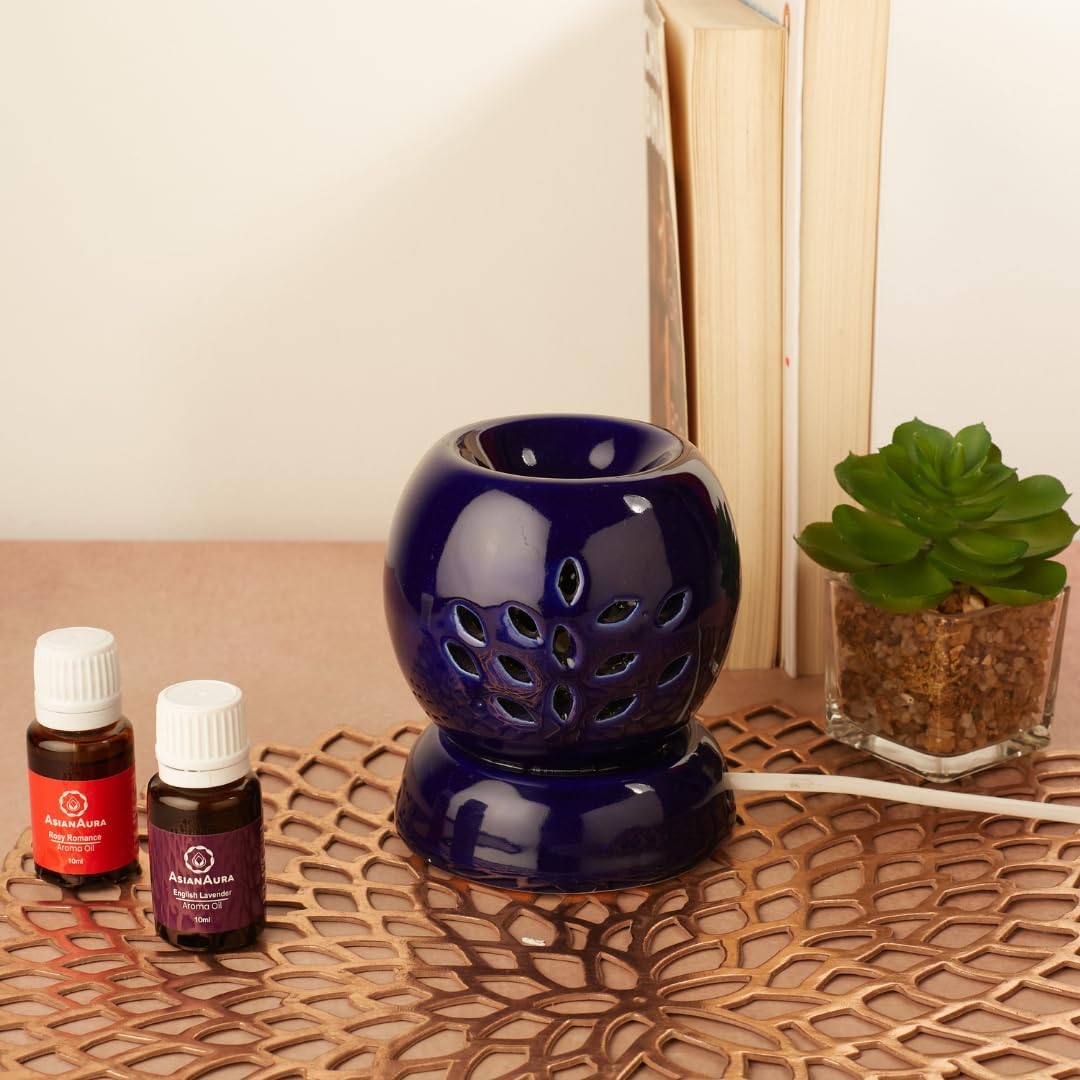 Asian Aura Ceramic Electric Round Shaped Aroma Diffuser| Aroma Oil Burner for Aromatherapy| Home Decor & Fragrance with Aroma Oils(English Lavender & Rosy Romance Fragrance 10ml Each) (Dark Blue)