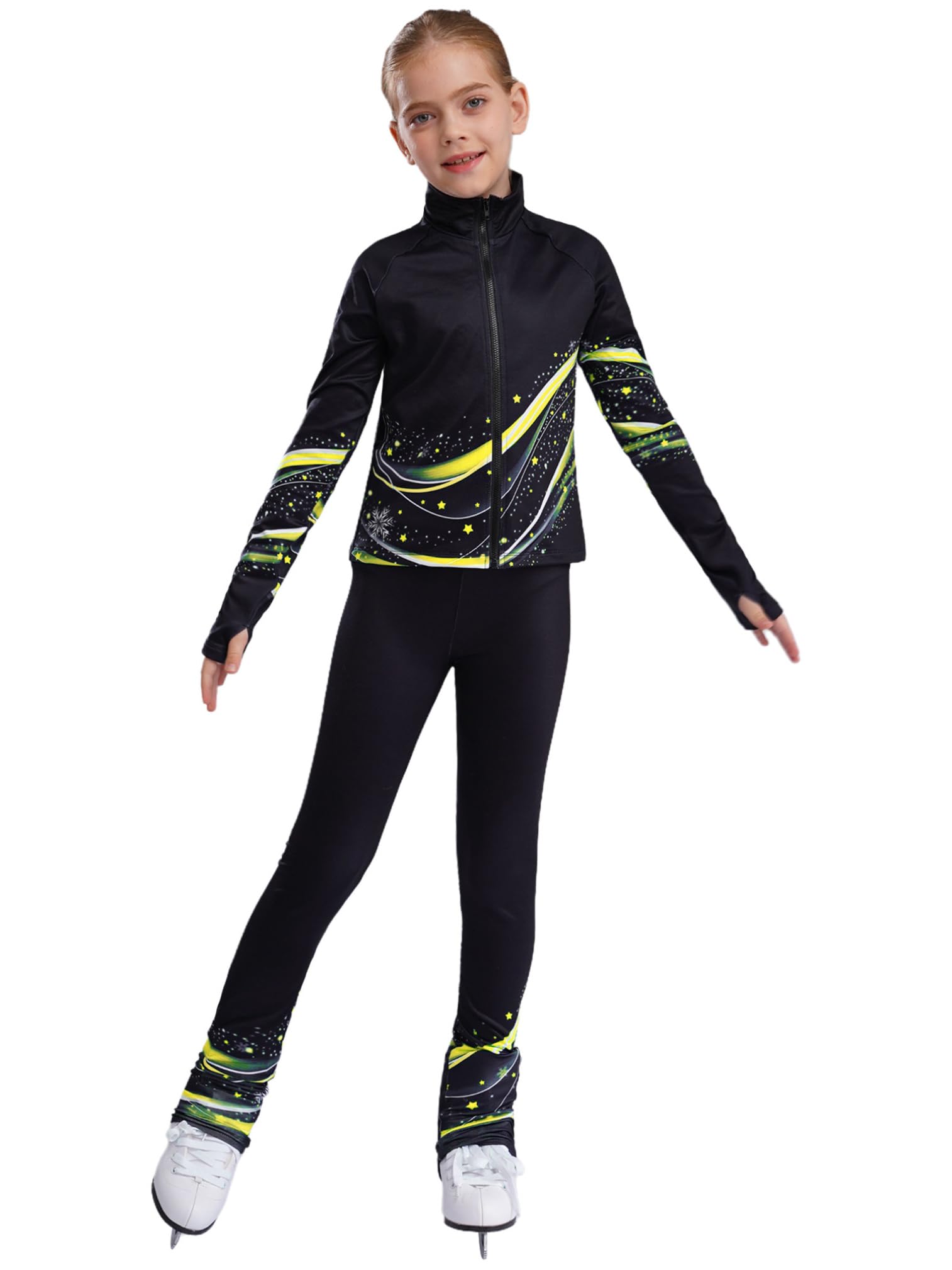 ranrann Ensemble Patinage Artistique Fille Veste Chaud Polaire avec Pantalon Collant Legging Tenue Patinage sur Glace Sport A Jaune fluo 9-10 ans