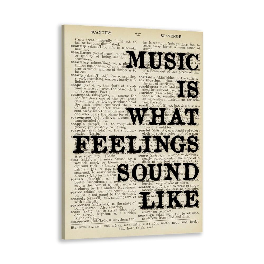 Retro book Poster Typography Print Trendy Wall Canvas Art，MUSIC IS WHAT FEELINGS LIKE，for Living Room, Bedroom, Home Office, Kitchen,