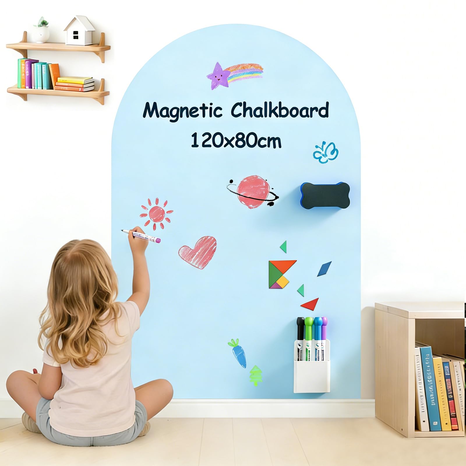 JoyCushy Magnetic Wall Decal Arch 120 x 80cm Adhesive Magnetic Chalkboard with Marker Pen, Pen Holder & Blackboard Eraser, Magnetic Wall Sticker for Kids' Rooms, Living Rooms and Playroom (Blue)