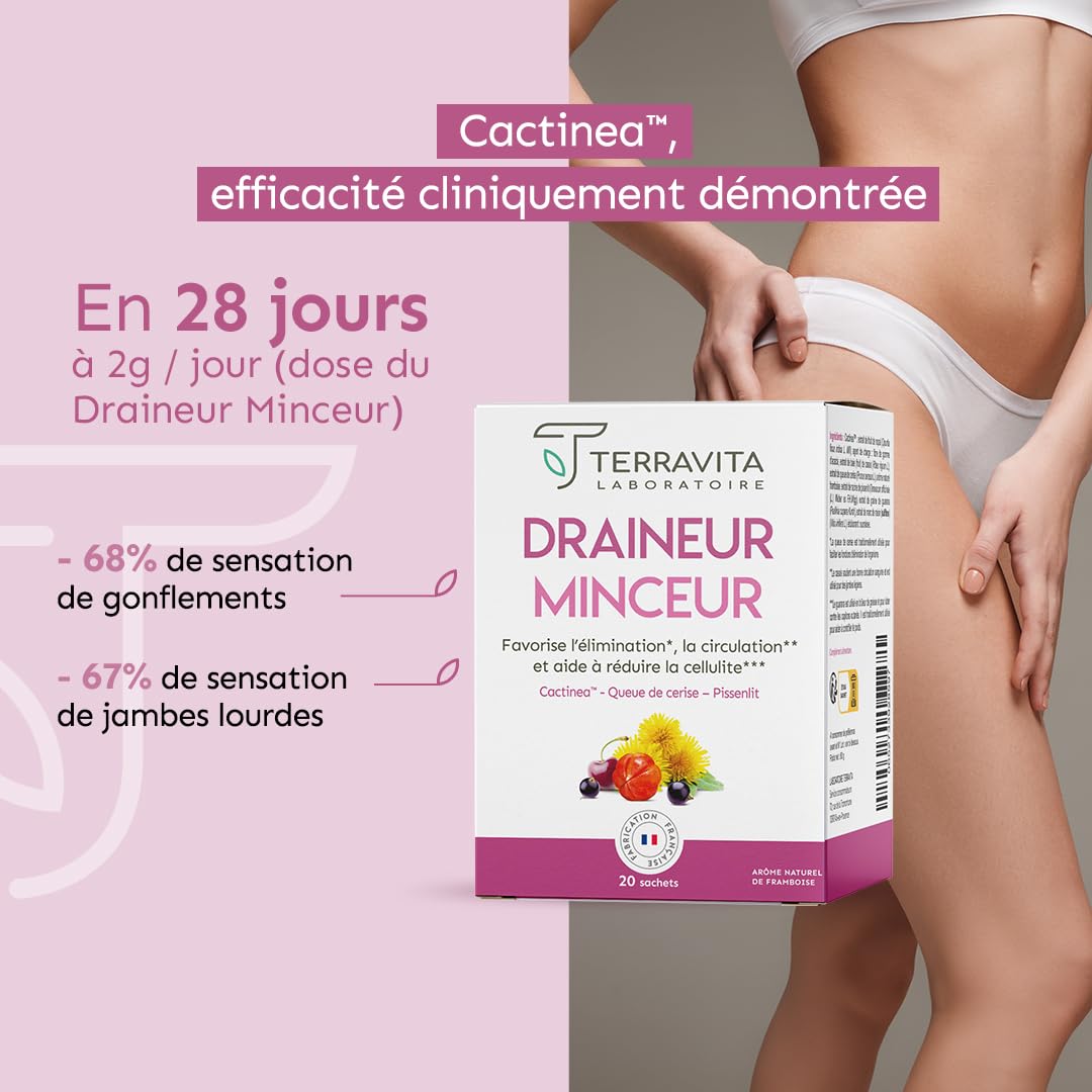 DRAINEUR MINCEUR | Action Detox Anti-Cellulite et Jambes Lourdes | Stimule la Circulation Sanguine et Lymphatique | Actif Breveté Cactinea™ | 20 Sachets Goût Framboise | Made in France | Terravita