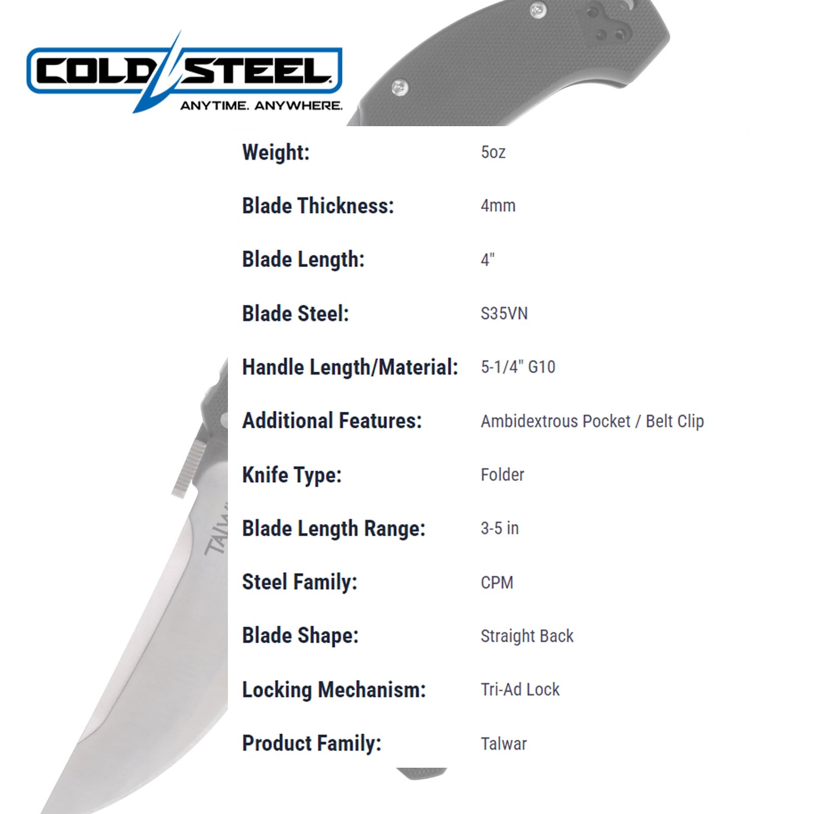 Cold Steel Talwar 10,2 cm S35VN Stahl Ultrascharfe einfarbige Klinge 13,3 cm G10 Griff Taktisches Taschen-Klappmesser mit Tri-Ad Verriegelungsmechanismus