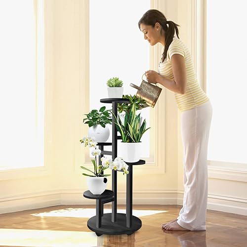 Miniatura 3 de GEEBOBO Soporte alto para plantas de 5 niveles para interiores, estante de madera para plantas, estante de exhibición de esquina, soporte de macetas
