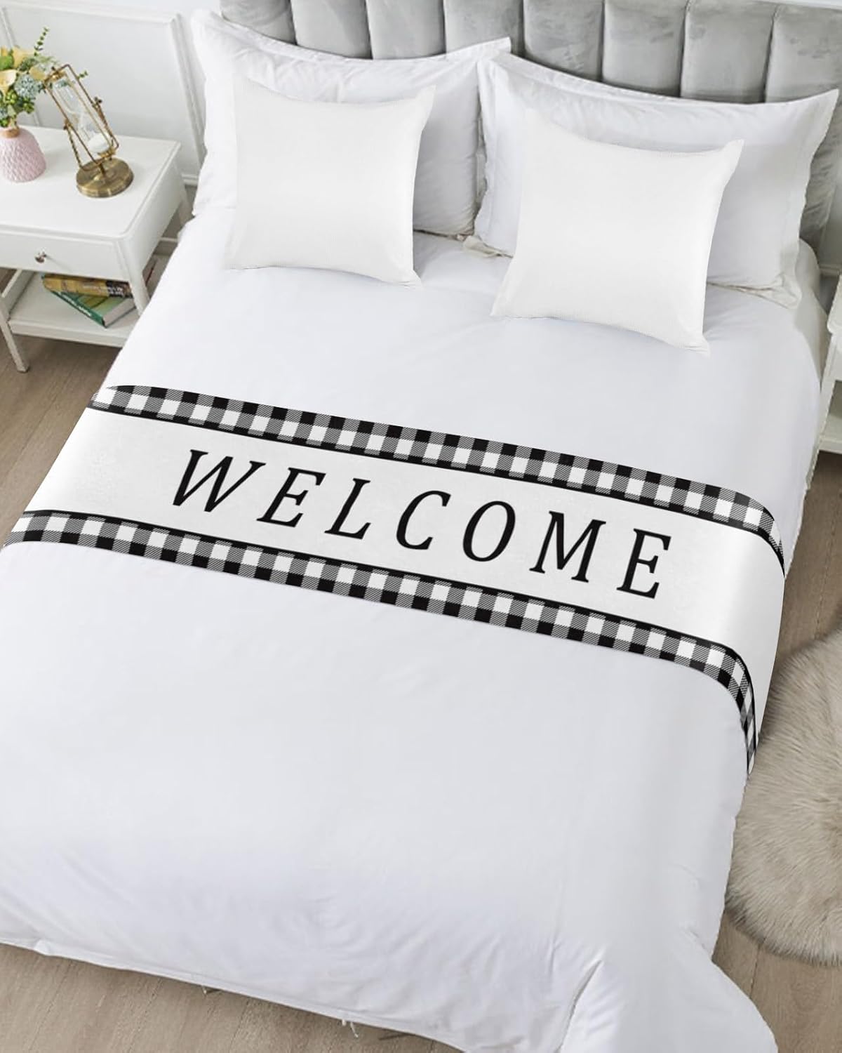 Teamery Bed Runners & Scarves, Welcome Black and White Lattice Bed Runner, Bed Scarf Protector Decorative Accent Bedding Scarf for Hotels Homes and Guestrooms, 102 x 20 inches