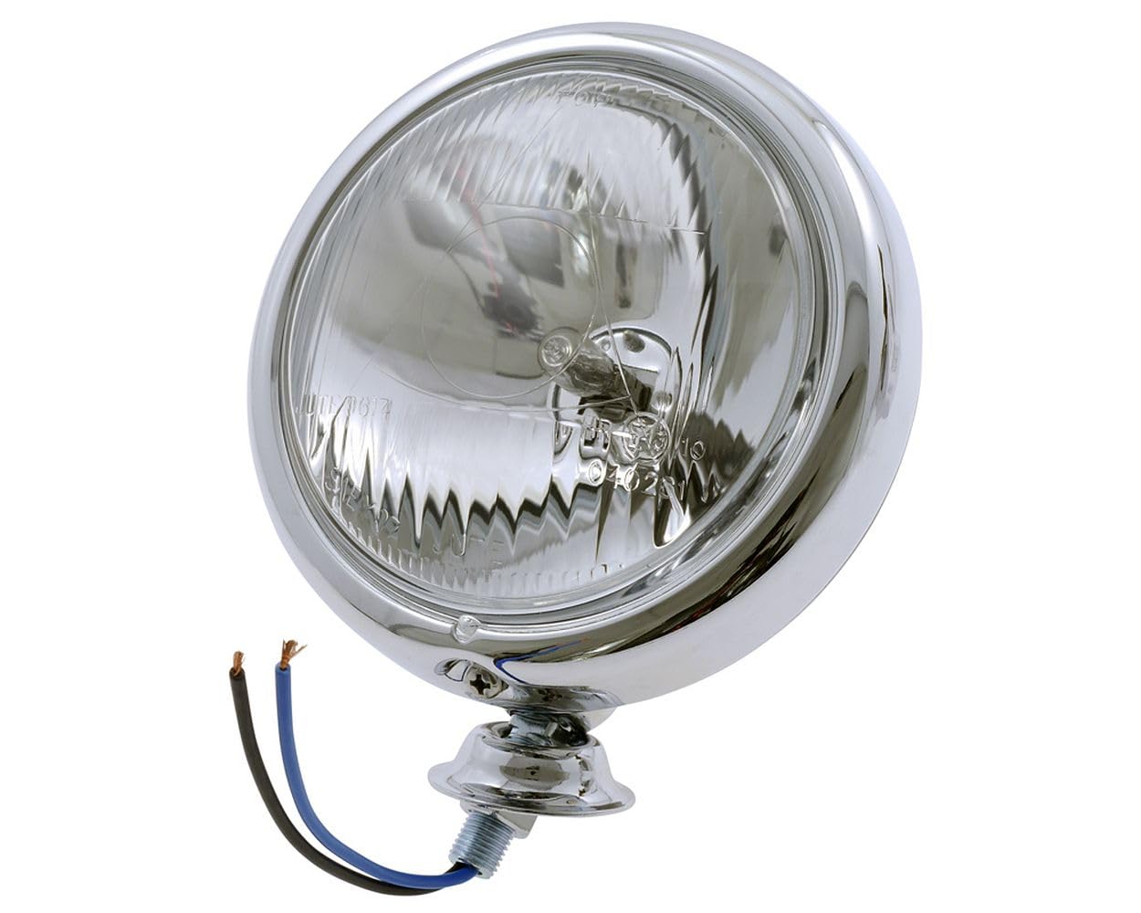 Optique phare moto longue portée chrome 4 1/2 pouces, boîtier plat, Chopper | Corps métallique aplati chromé, diamètre 123, profondeur 55 millimètres, fixation basse, H3, lampe 12 volts 55 watts incluse