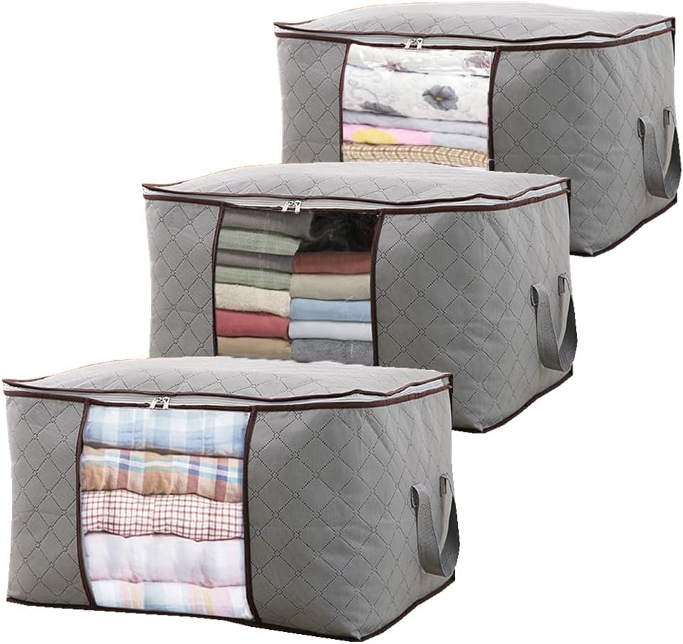 QuaiShy Clothing Storage Bags 90L Storage Boxes Large Capacity Reinforced Handle Clear Window Thick Fabric for Moving Packing Clothes Oragniser Wardrobe Storage Blanket Comforter 3 Pack Grey