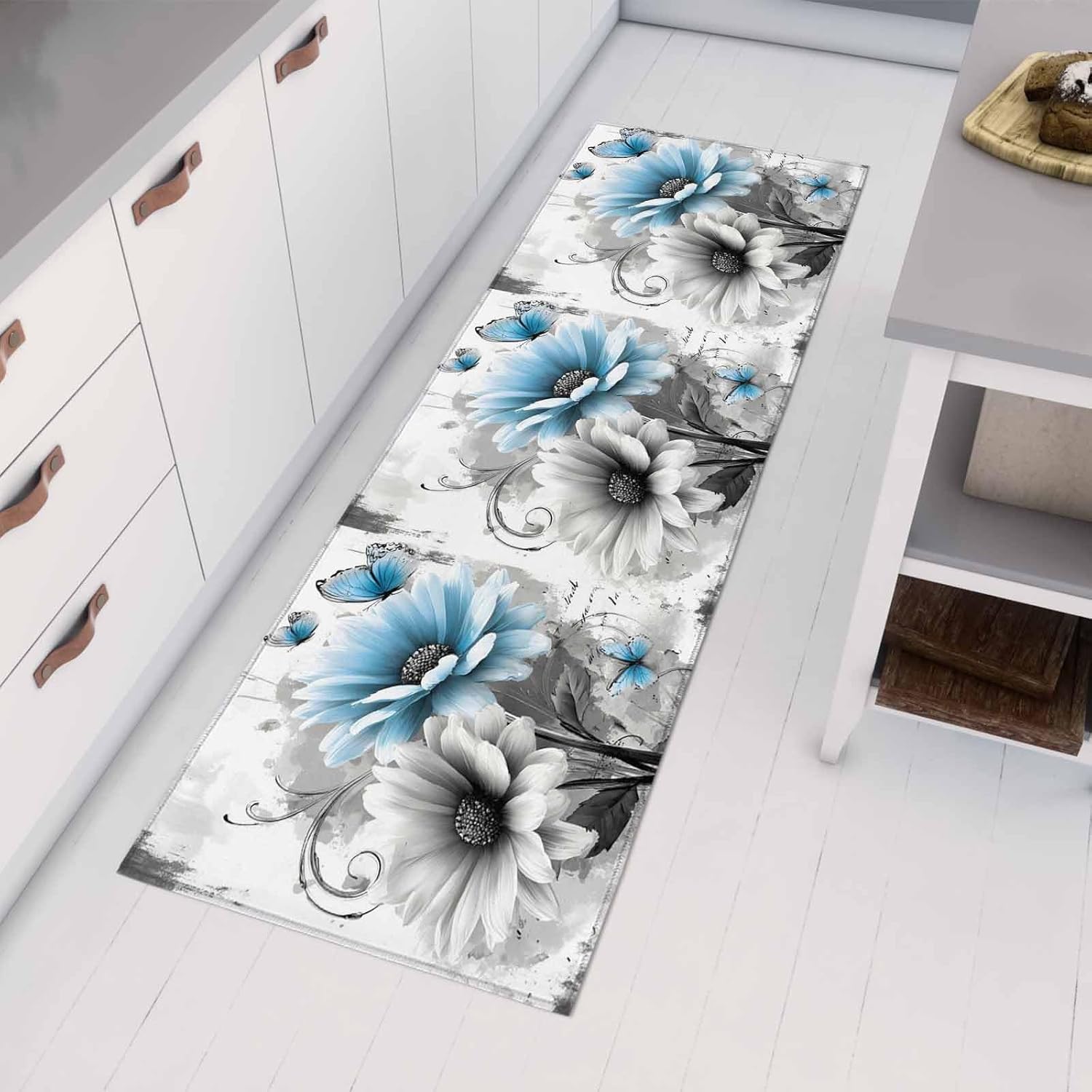 Teamery Kitchen Mats for Floor Vintage Watercolor Gray Blue Sunflower Washable Non Slip Kitchen Rugs 1PCS, Retro Butterfly Absorbent Standing Mats for Sink Bathroom Office Living Room 23.6x70.9in