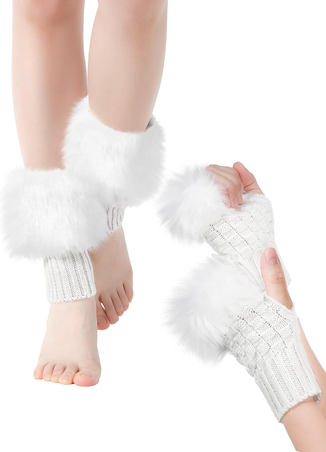 Bencailor Winter Fluffy Leg Warmers and Wrist Cuffs Warmers Set, Include Boot leg Cuffs Furry Fingerless Gloves