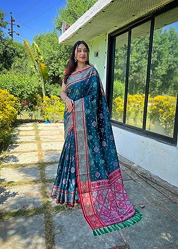 Image of Panzora Women's Patola Silk Meenakari Work Saree With Unstitched Blouse Piece