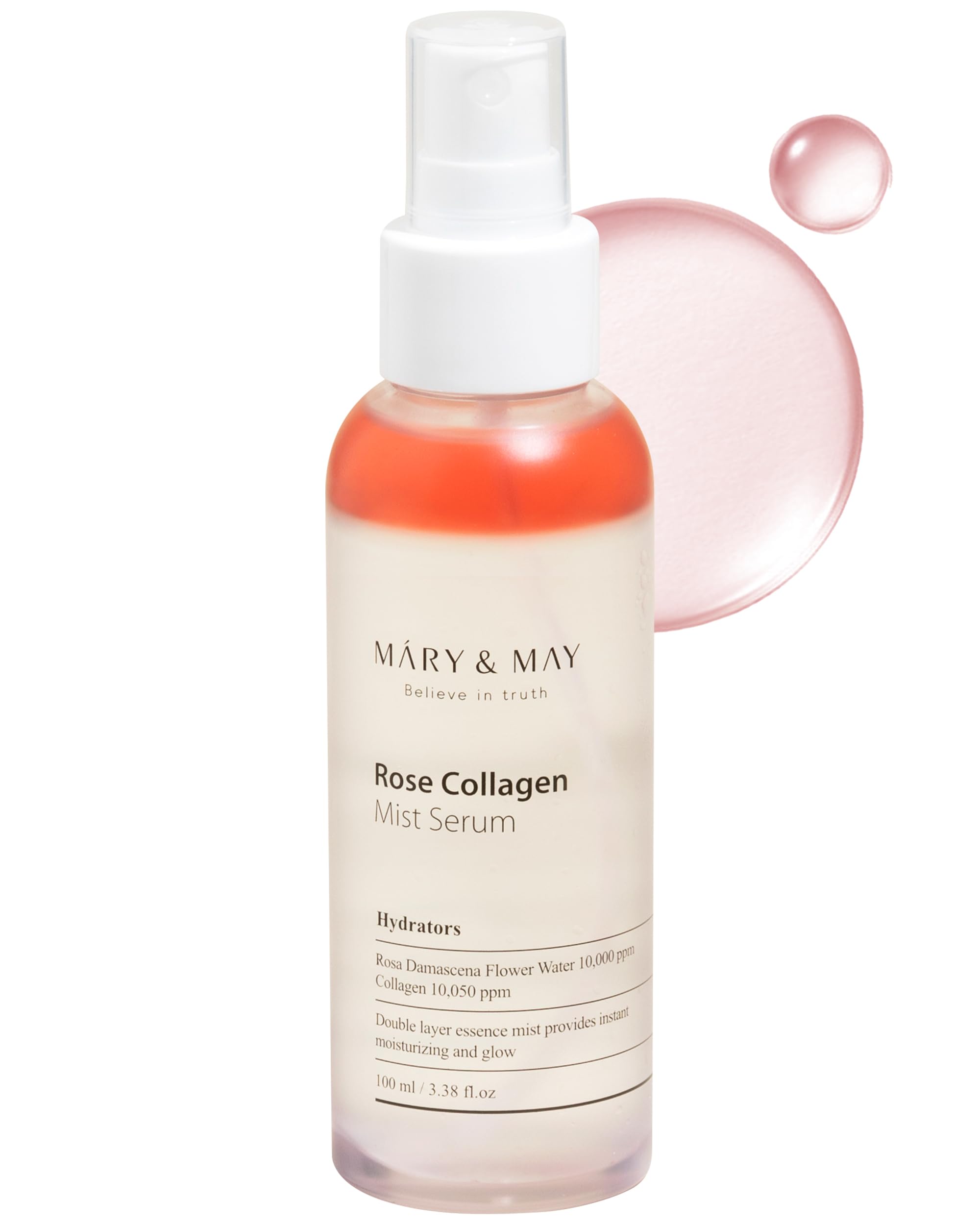 Mary&May Rose Collagen Mist Serum 3.38 Fl Oz / 100ml | Rose Collagen, Double Moisturizing layering, Instant Glow | EWG Ingredients