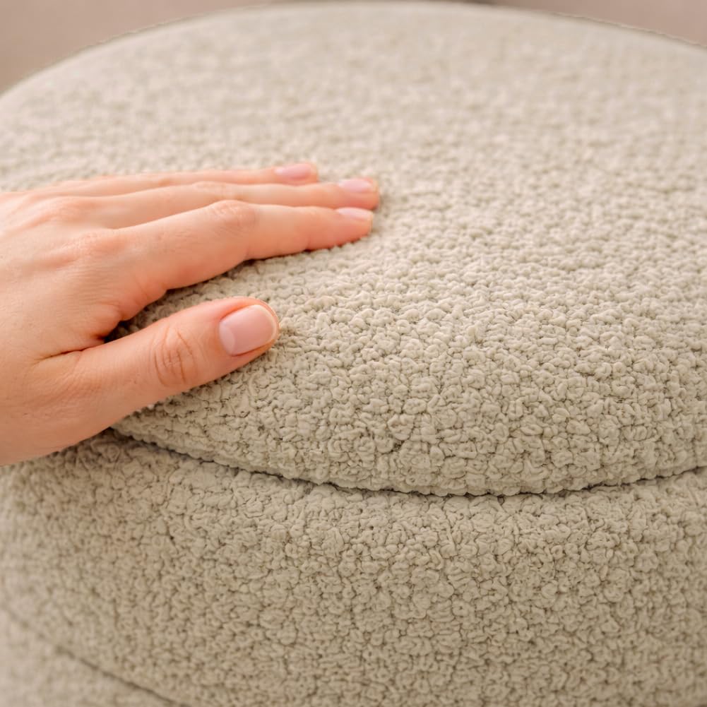 BAKAJI Set 2 Pouf Contenitori Teddy con Rivestimento Bounclè, Poggiapiedi Tondo con Seduta Imbottita ad Alta Densità Ergonomica, Coperchio Removibile e Vano Portaoggetti Capiente (Beige)