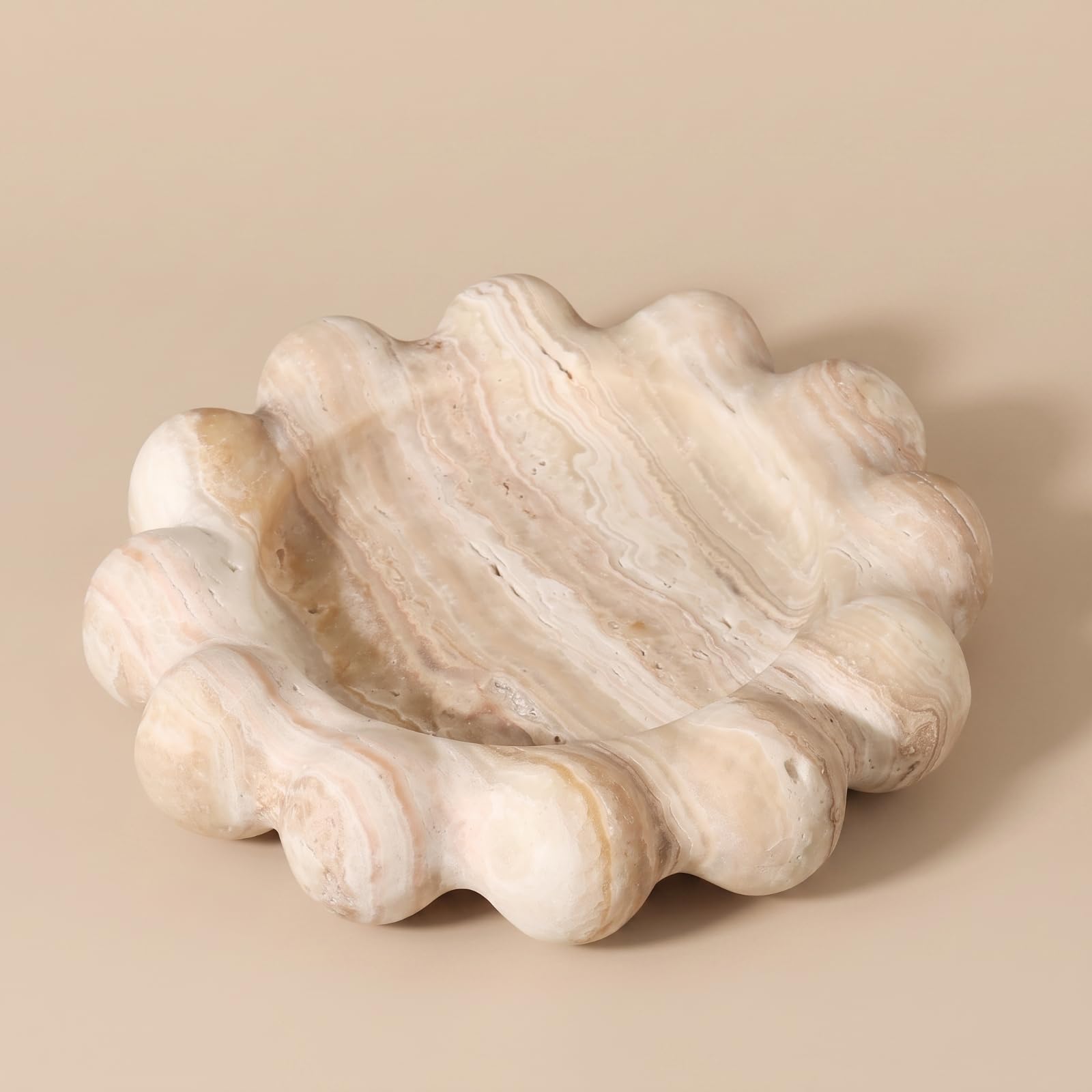 Vassoio in Marmo Scolpito | Elegante, Vassoio con Bordo Ondulato, Scultoreo, Fruttiera, per Tavolino da Caffè, Scrivania, Beige