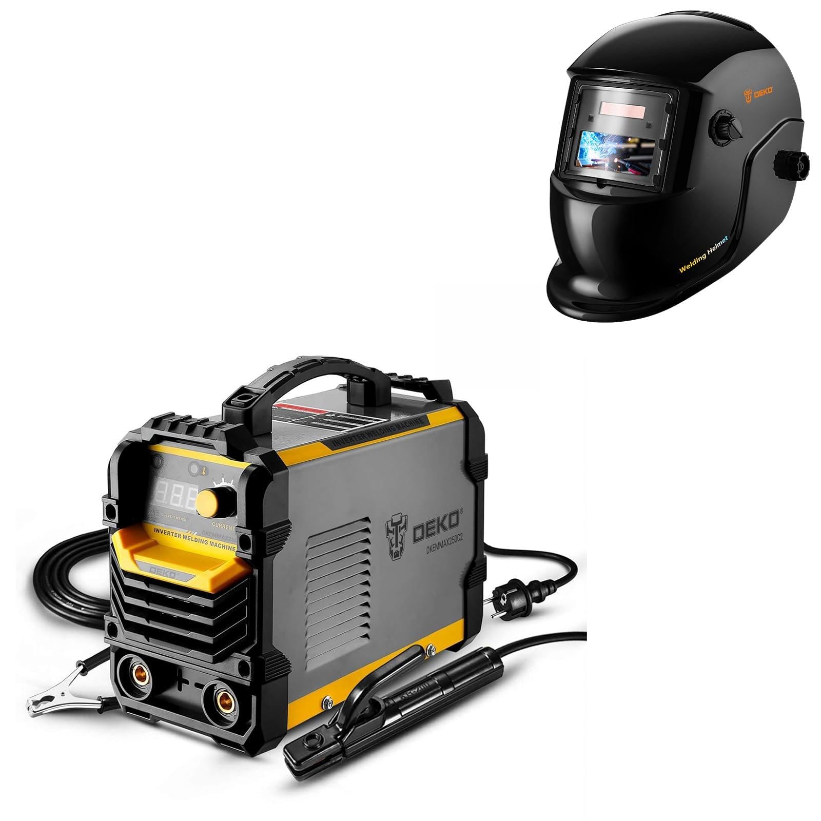 DEKO Kit Saldatura Completo: Saldatrice 220V MMA ARC 250A con Accessori + Casco Auto-Oscurante True Color Solar Powered