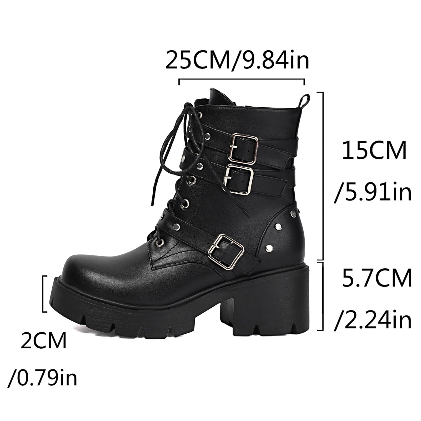 Botas Mujer Plataforma Estilo Gótico Punk, Negro con Hebillas y Cordones, Suela Gruesa Antideslizante, Botines Militares de Tacón Cuadrado