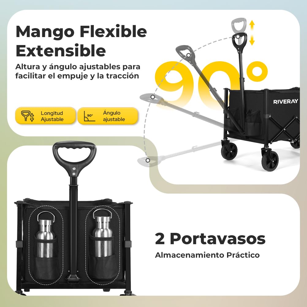 RIVERAY Carro Plegable con Ruedas Grandes, Capacidad 120L/100KG, Mango Ajustable y Ruedas Desmontables, Carrito Plegable Todoterreno para Camping, Jardín o Compra - 5