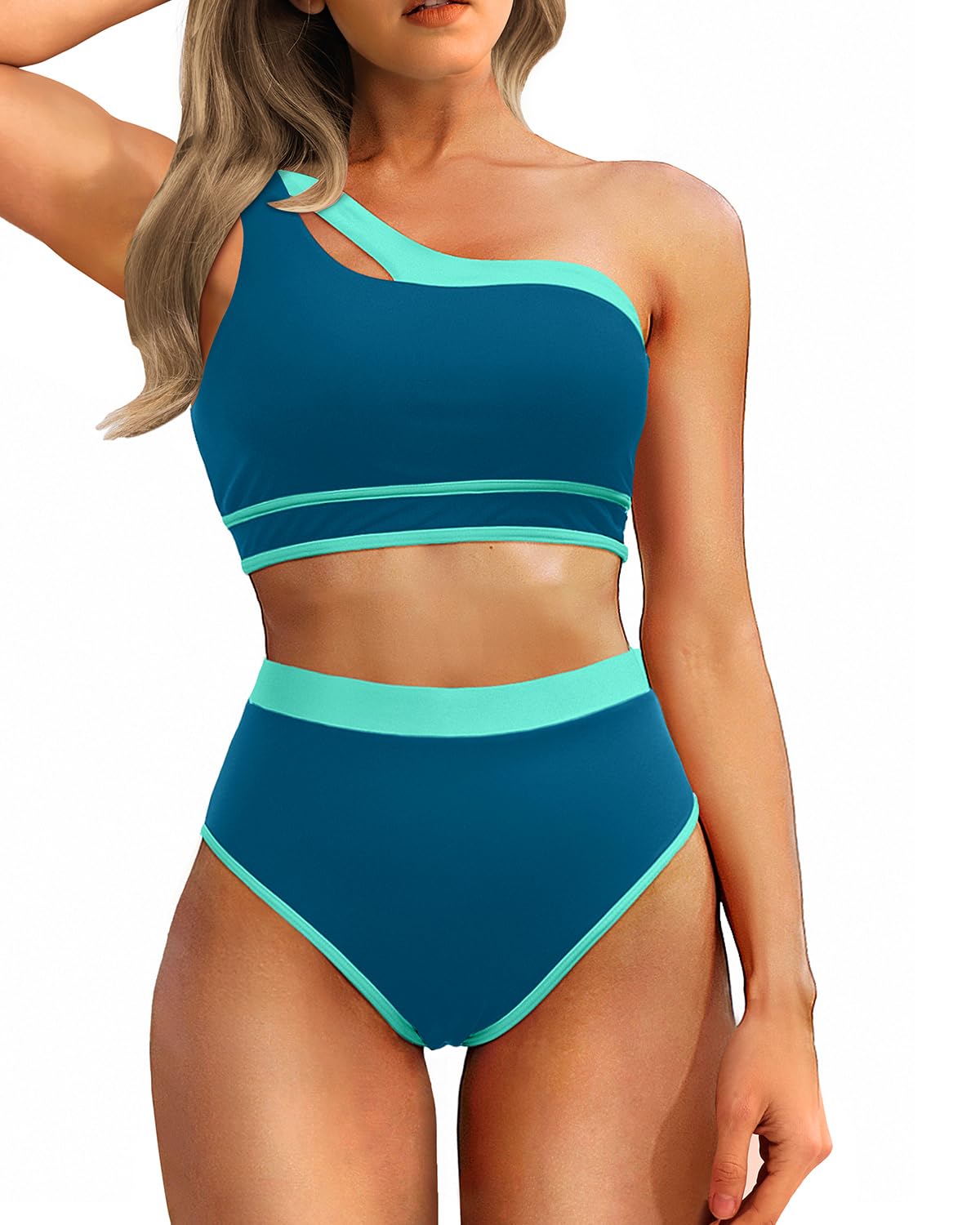 Tempt Me Women One Shoulder High Waisted Bikini Color Block Two Piece Swimsuits Cutout 2 Piece Bathing Suit