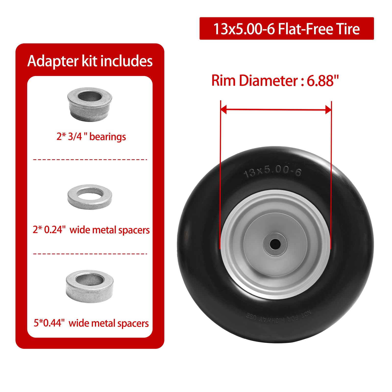 Montaje de rueda y neumático de cortacésped sin planos de 13 x 5.00-6, compatible con cortacéspedes de giro cero, con bujes de grasa de 3/4 y 5/8 pulgadas y un cubo centrado de 3.25 a 5.9