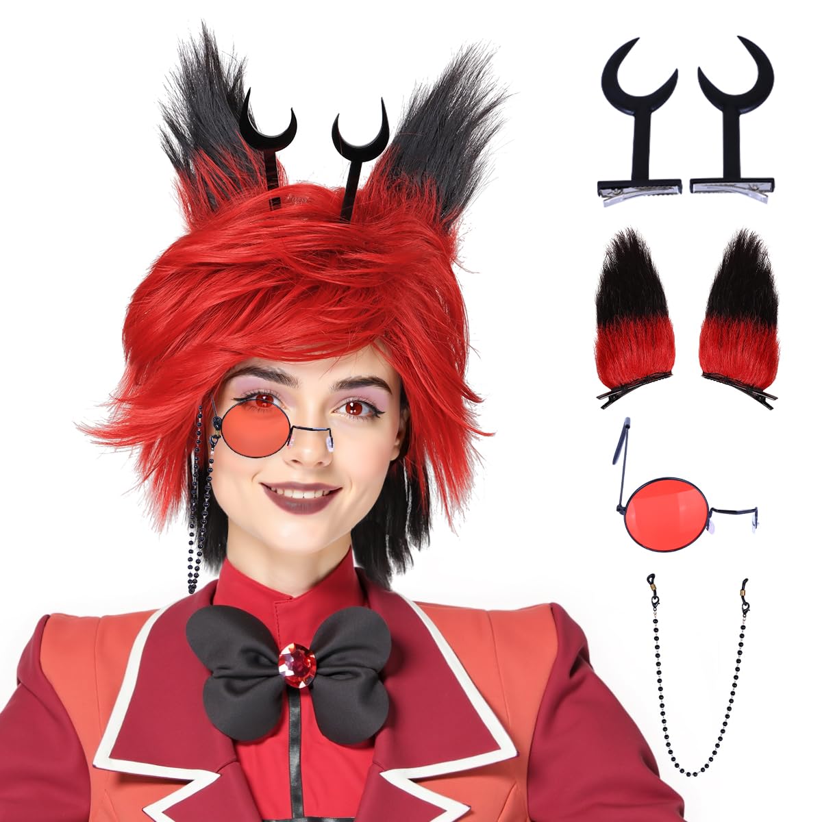 FantaLook Medium Red and Black Cosplay Wig with Harns Ears Glasses for Halloween