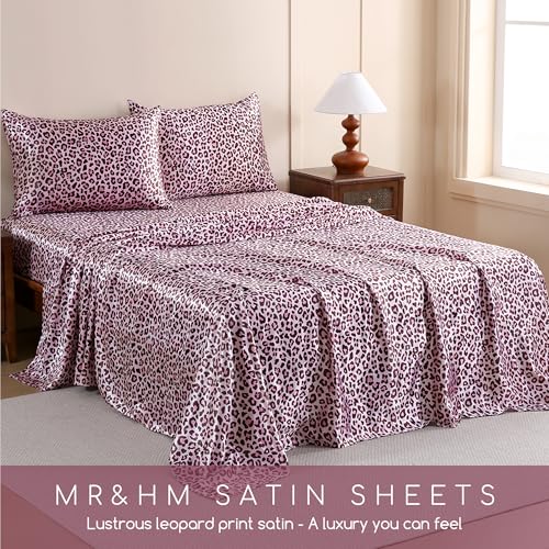 Image of MR&HM Satin Bed Sheets with Elastic Corner Straps, King Size Sheets Set, 4 Pcs Silky Bedding Set with 15 Inches Deep Pocket for Mattress (King, Pink Leopard)