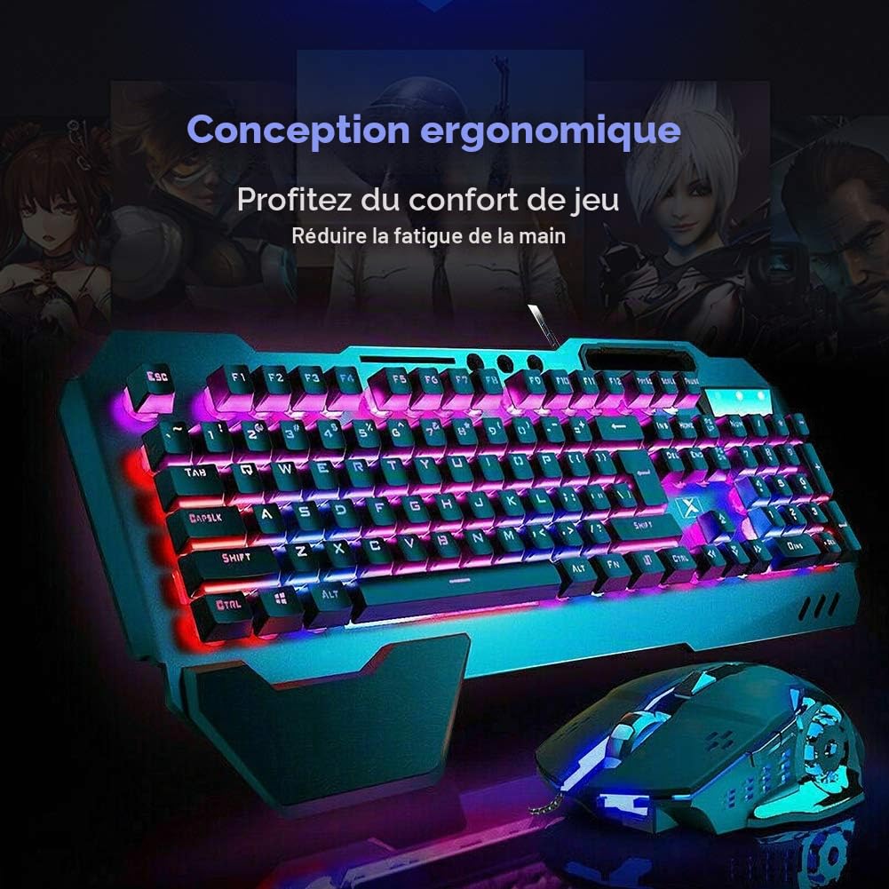 Ensemble Clavier et Souris de Jeu Filaire rétroéclairé à Del RVB avec Plaque métallique 104 Touches, Repose-Main, Clavier Lumineux USB 2400 DPI Optique 6 Boutons + Tapis de Souris Compatible avec